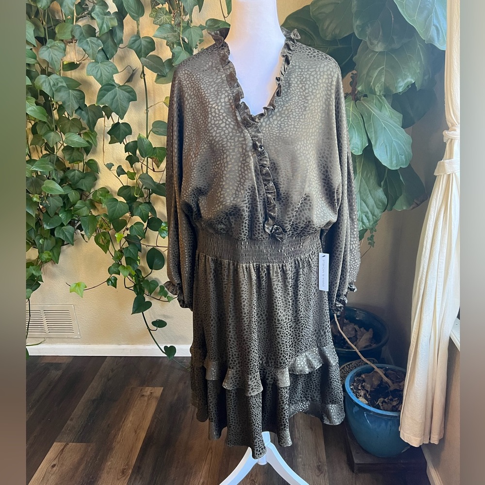 EMMA & MICHELE Taupe Layered Polka Dot Long Sleeve Dress | XL P